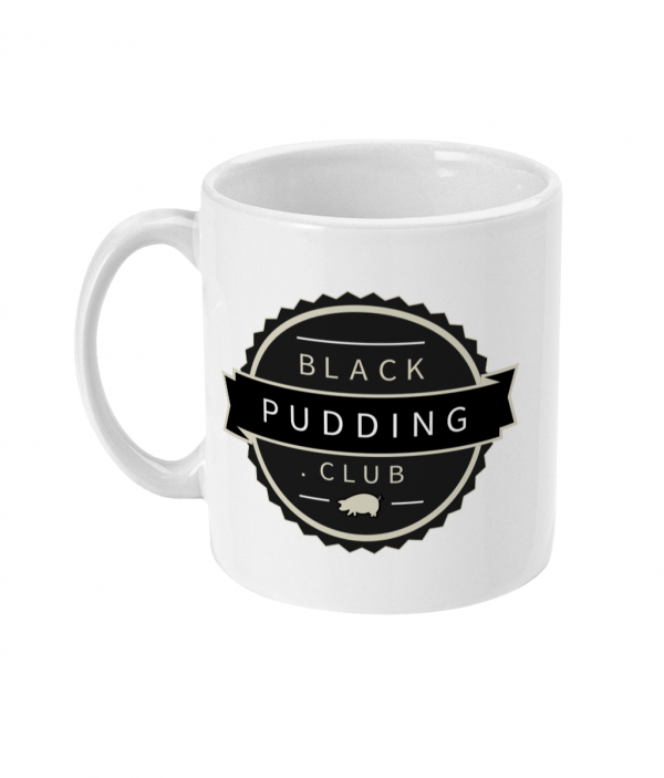 black pudding club logo ceramic mug left side mockup