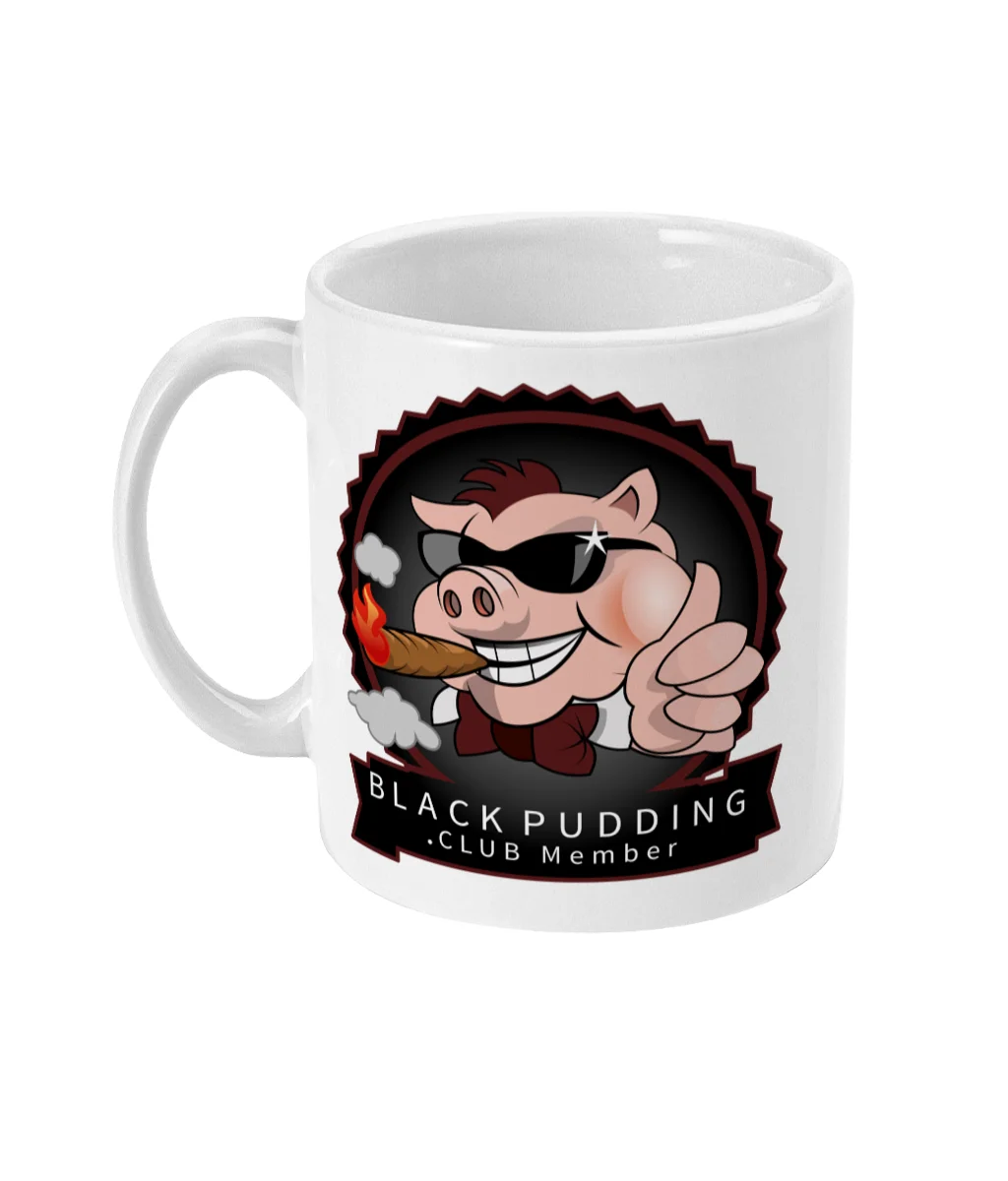 BlackPudding.Club Logo Mugs (min SET of 4) 3 black pudding club member with cigar mug left side mockup