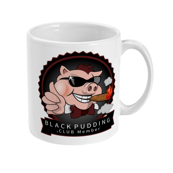 black pudding club member with cigar mug right side mockup