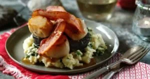 National Black Pudding Day - 3rd November 2019 6 Scallops with Bacon, Black Pudding and Colcannon